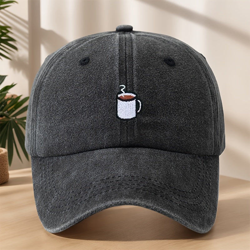 High-Quality Baseball Cap with Coffee Cup Embroidery, Lightweight, Soft, Comfortable, Sweat-Absorbing, Breathable, Classic Washed Vintage Hat for Outdoor Leisure, Sports, Shopping, Vacation, Camping, Sun Protection