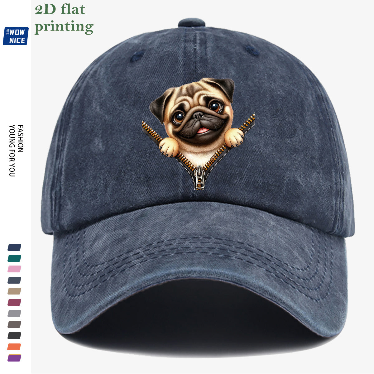 1pc Pug Zipper Print Baseball Cap, Cute Animal Pattern Headwear, Fashionable and Versatile Hat Accessory, Unisex Street Style Hat with Adjustable Size, Slimming and Face-Shaping, Suitable for Daily Outings, Parties, Dates, Shopping, Outings