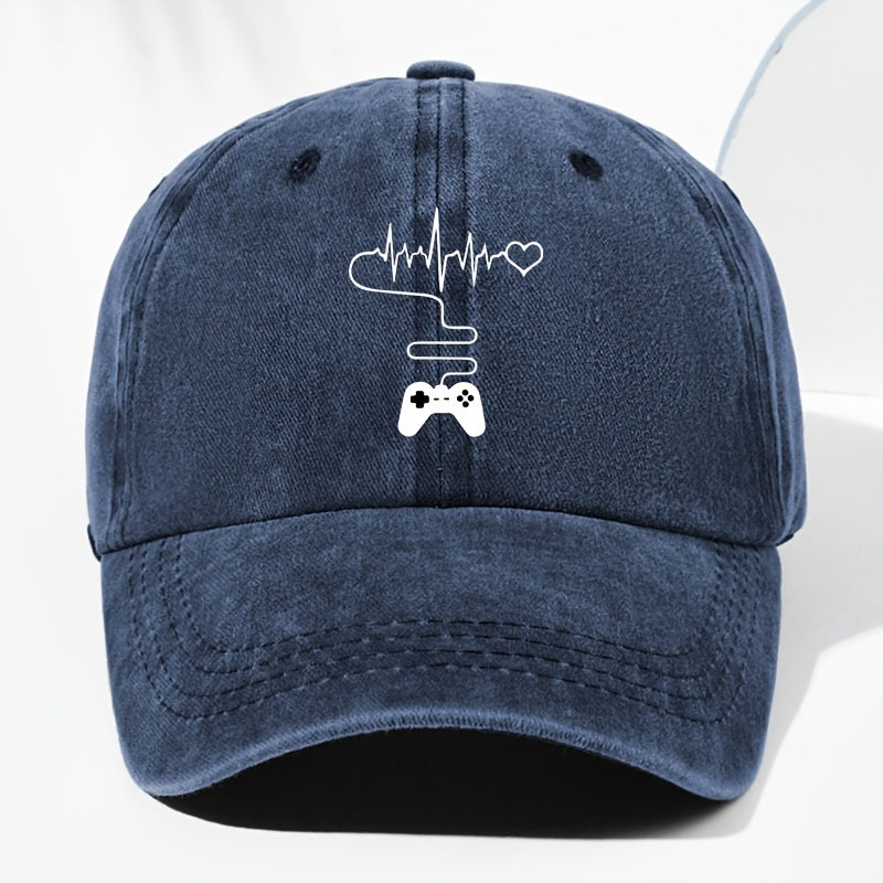 Unisex Gaming Console Heart Print Washed Vintage Baseball Cap, Fashionable Outdoor Hat for Men and Women, Adjustable Fit Trucker Hat Suitable for All Seasons and Daily Wear