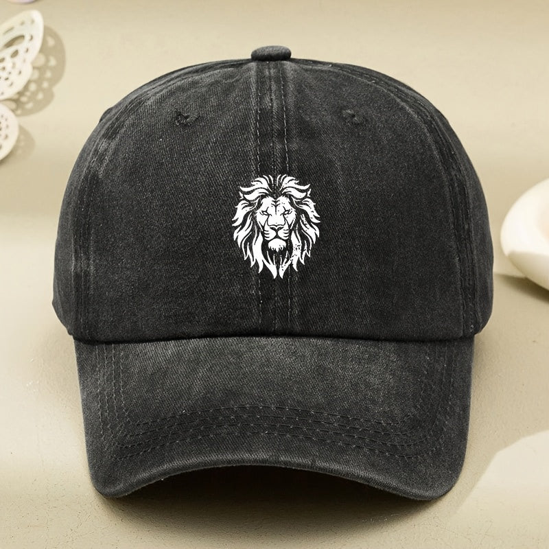 Men's & Women's Vintage Lion Baseball Cap - White Retro Dad Hat with Lion Print, Soft Washed Pull-String Cap Suitable for Outdoor Driving, Machine Washable Unisex Driving Hat