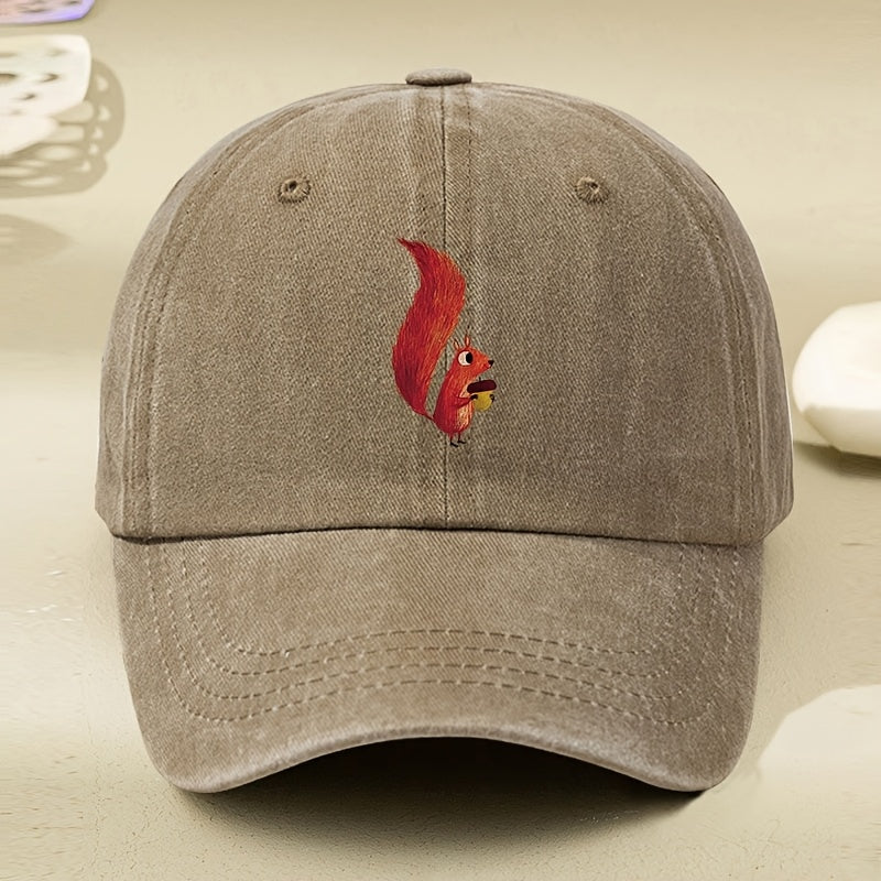 Little Squirrel Cartoon Print Women'S Baseball Cap, Spring/Summer Versatile Vintage Soft Top Duckbill Cap, Dad Hat, Distressed Washed Cap, Outdoor Personalized Soft Top Hat, Unisex Hat, Distressed Washed Hat, Men'S Hat, Women'S Hat