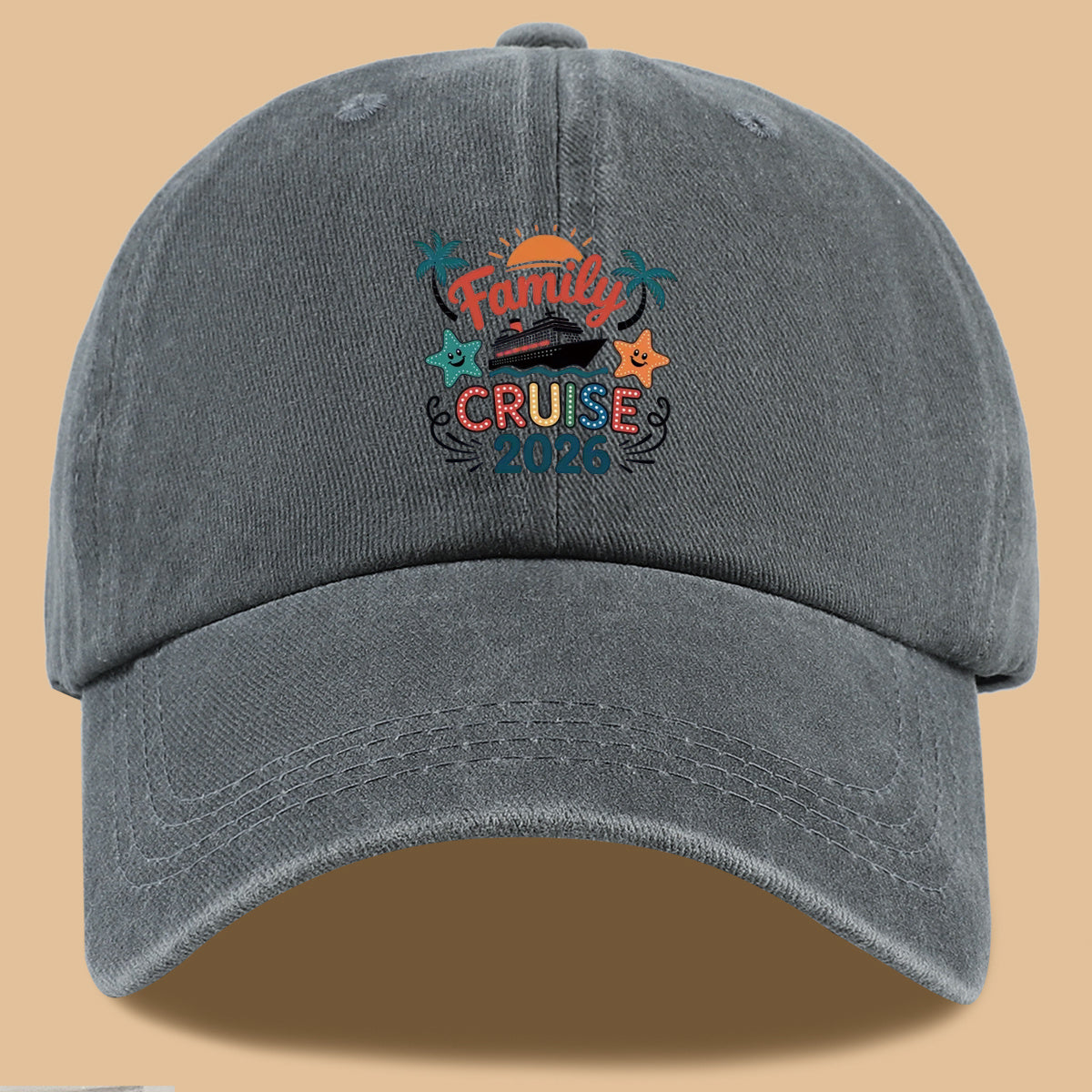1pc "Family Mail Steamer 2025.98inch" Themed Printed Baseball Cap, Fun Cartoon Mail Steamer Ship, Stars, Palm Trees, Sunset Pattern, Fashionable Casual Sun Hat, Unisex, Adjustable Size, Dad's Fishing Hat, Mom's Vacation Hat, Suitable for Family