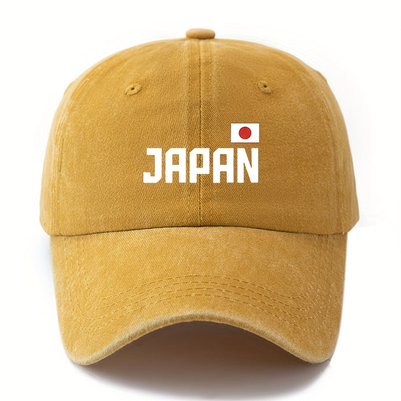 A Unisex Fashionable and Versatile  Cap with a Printed "JAPAN" Lettering, Featuring a Classic Vintage Washed Outdoor Lightweight Curved Brim. This Trucker  Cap Is Suitable for Casual Occasions Such as Outdoor Vacations, Travel, and Camping