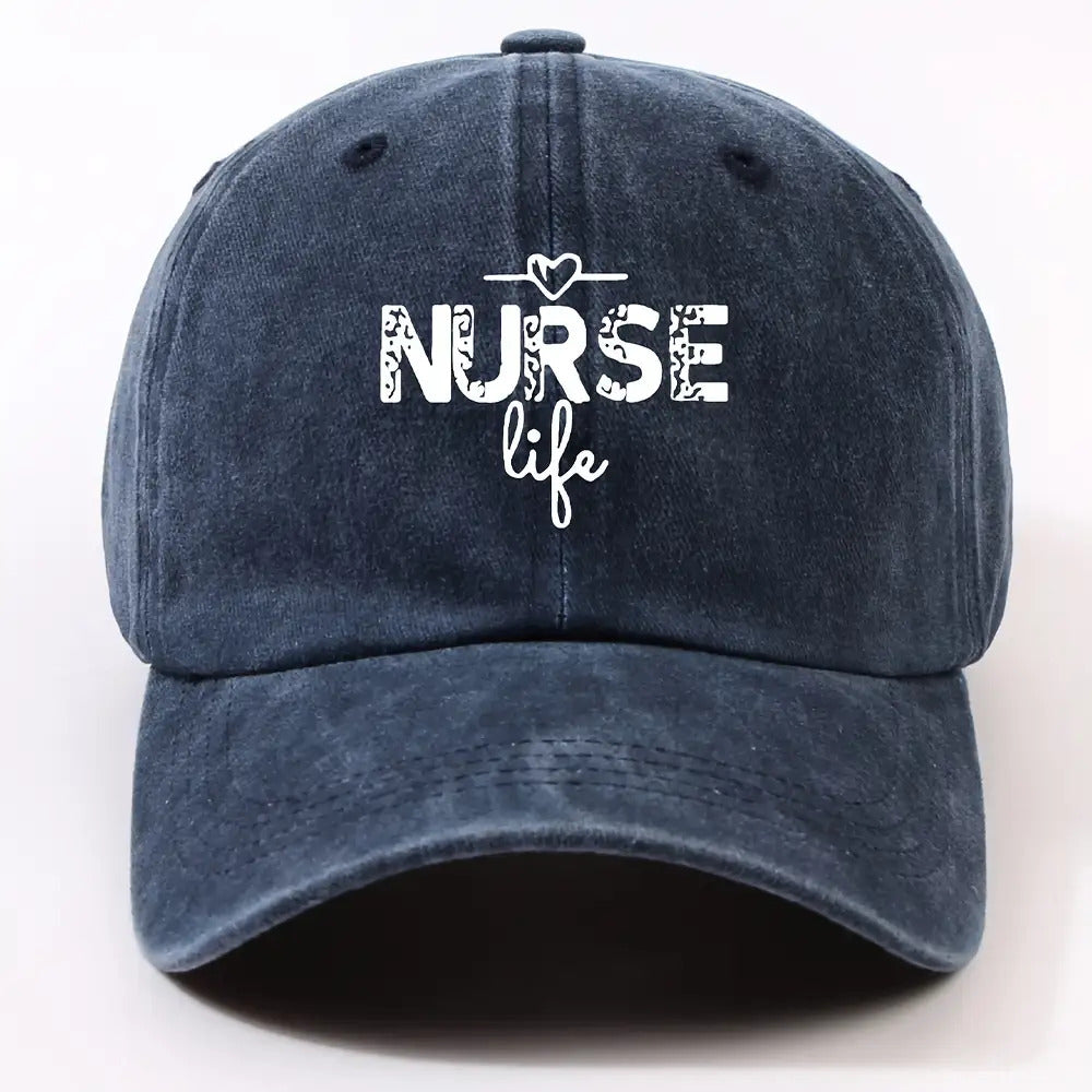 1 Fashion Nurse Letter Washed Baseball Cap Unisex Adjustable Brim Sun Hat Shopping Cycling Skateboarding Trendy Baseball Cap,  Casual Wear, Sporty Style, Geometric Pattern, Metal Buckle Closure, Durable Material, Unisex Headwear, Men And Women