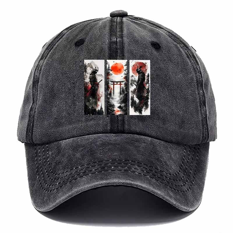 A Vintage-Style Baseball Cap Featuring an Ink Wash Samurai Design, Perfect for Outdoor Adventures And an Ideal Gift for Dad