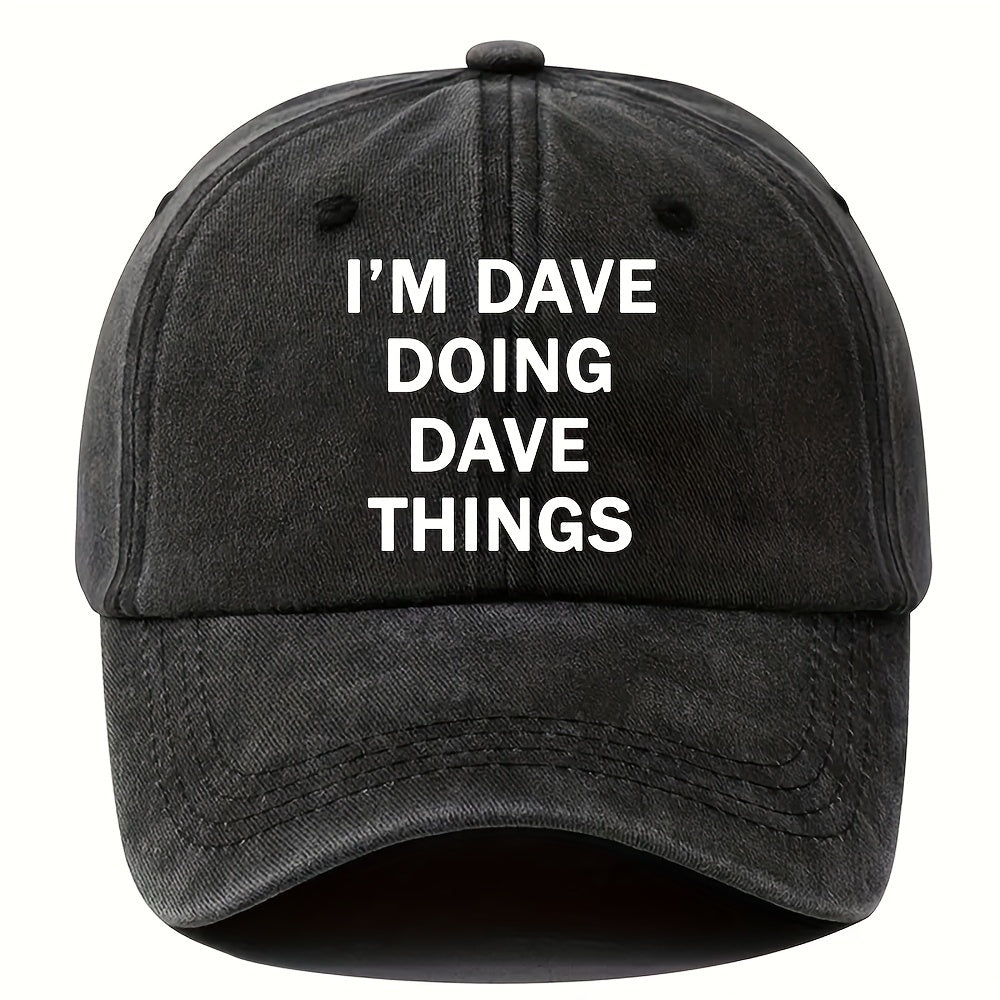 ATHACER Men'S "I'm Dave Things" Vintage Baseball Cap - Retro Washed Black Hat with Bold Text, Lightweight & Breathable for Outdoor Fashion, Hand Wash Only, Outdoor Headwear, Casual Headgear, Distressed Texture