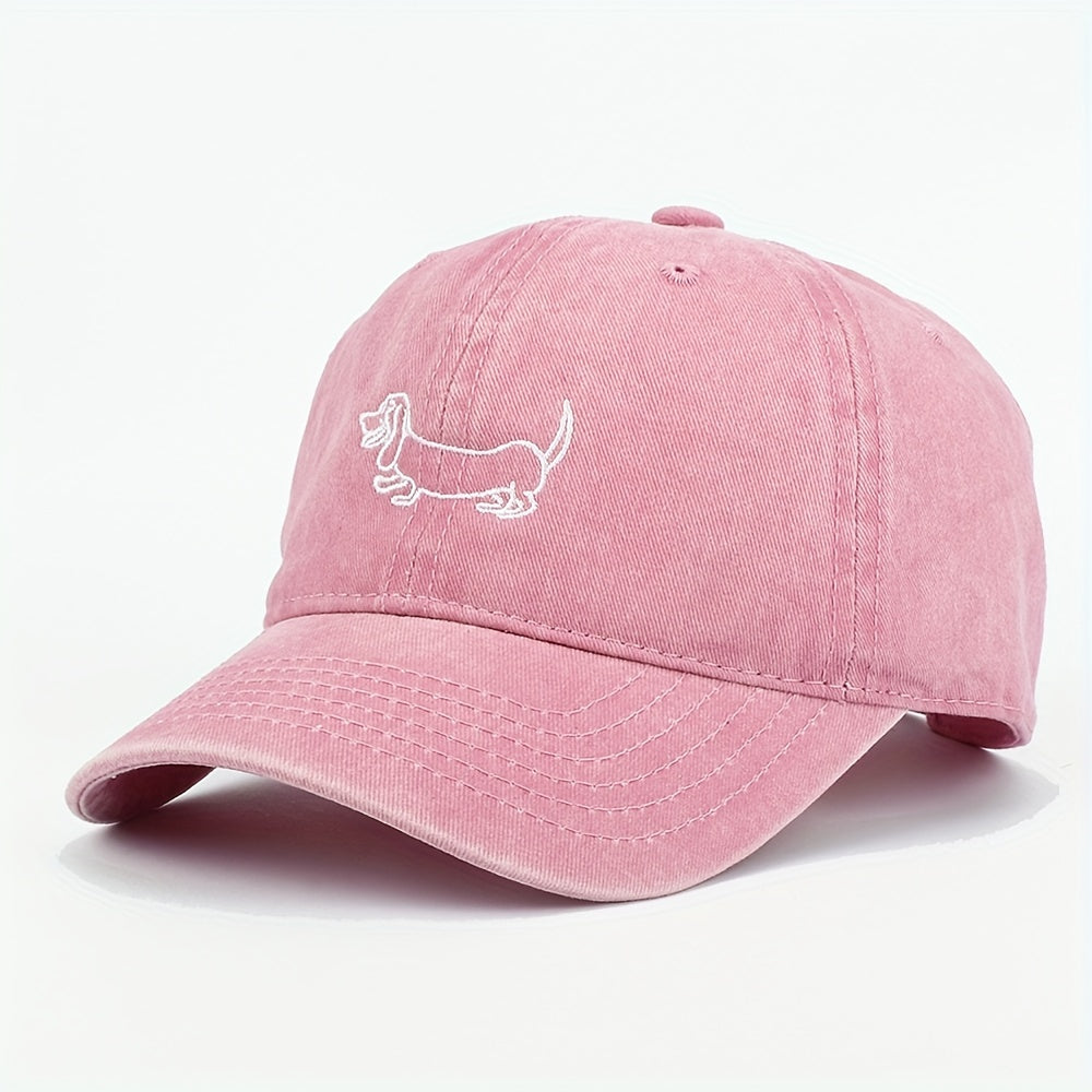 Vintage Washed Baseball Cap with Adorable Dachshund Embroidery - Black Textile, Breathable & Durable Unisex Casual Outdoor Hat for Men and Women, Hand Washable, Casual Headwear | Embroidered Cap | Breathable Fabric