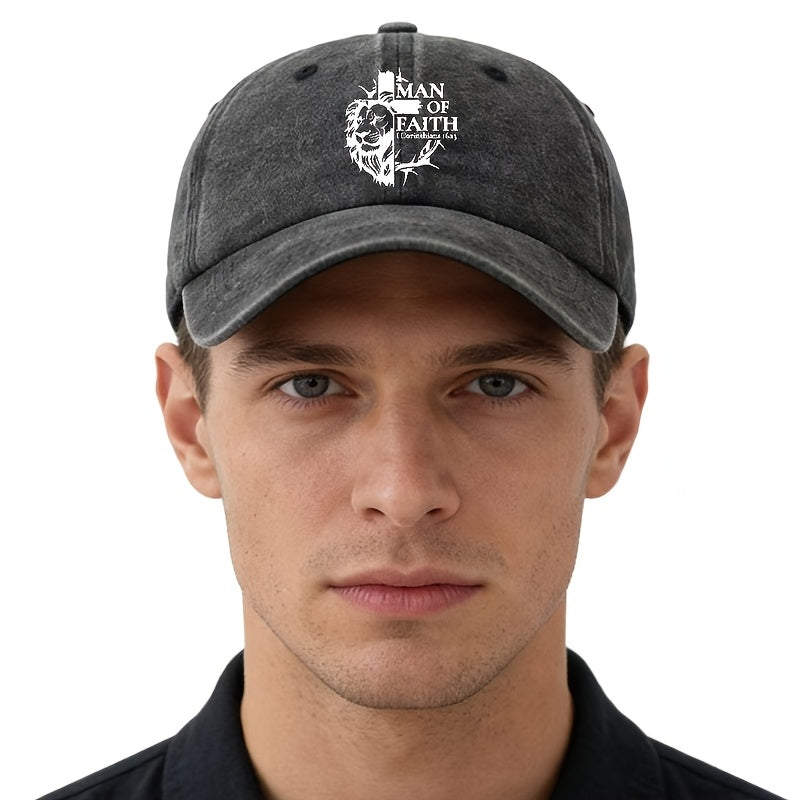 Unisex, Fashionable And Versatile Printed "MAN OF FAITH" Baseball Cap, Classic Retro Washed Outdoor Lightweight Curved Brim Cap, Suitable for Outdoor Vacations, Travel, Camping, And Other Casual Occasions, Hip-Hop Cap for Holiday Parties