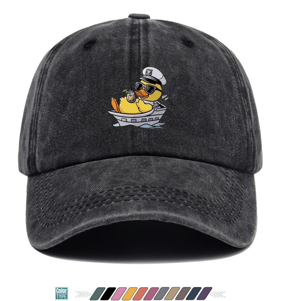 1pc Cartoon Captain Duck Printed Baseball Cap, Yellow Duck Wearing Captain Hat And Glasses, Sitting on Yacht with Drink, Fun Trendy Sun Hat, Unisex Adjustable Casual Street Fashion Hat, Outdoor Play Vacation Hat, Beach Seaside Sunshade Hat