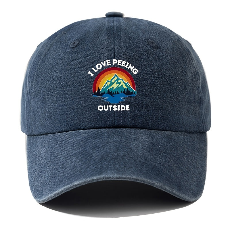 A Printed Washed Vintage Unisex Baseball Cap, Adjustable, in European and American Fashion, Featuring a Duckbill Style, Suitable for Outdoor Camping, Travel, Parties, Hip-hop, and Curved-brim Designs, Making It a Trendy Baseball Cap