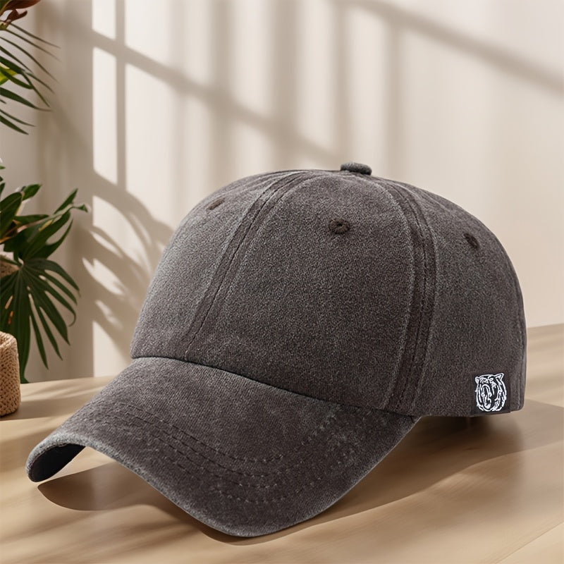 Tiger Head Logo Patch Baseball Cap Classic Washed Distressed Vintage Duckbill Cap Soft Comfortable Sweat-Absorbent Breathable Hat Outdoor Leisure Sports Mountaineering Camping Fishing Hat Streetwear Hip Hop Hat