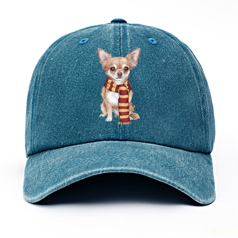 Cute Chihuahua & Scarf Print Vintage Washed Baseball Cap - Adjustable Snapback, Lightweight All-Season Outdoor Casual Hat, for New Year Celebrations, Accessory, Soft Texture, Seasonal Accessory, Playful Design, Hand Washable, Fashion Accessory