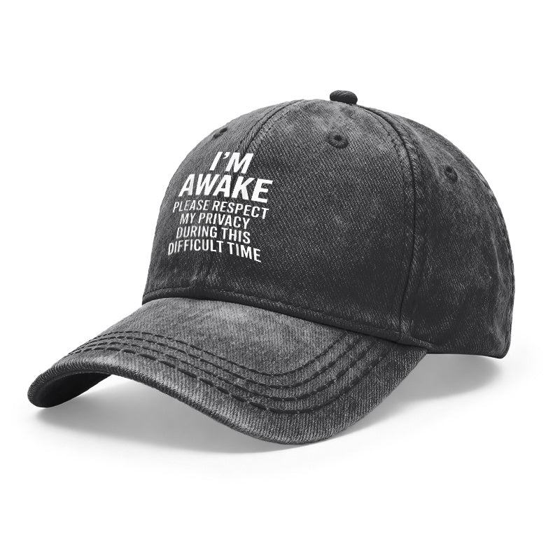 1pc Vintage Washed Unisex Baseball with "I'M AWAKE PLEASE RESPECT MY PRIVACY" Print - Adjustable Hat Suitable for Outdoor & Casual Wear, Gifts for Men & Women, Year-Round, Privacy Statement for and Daily Use