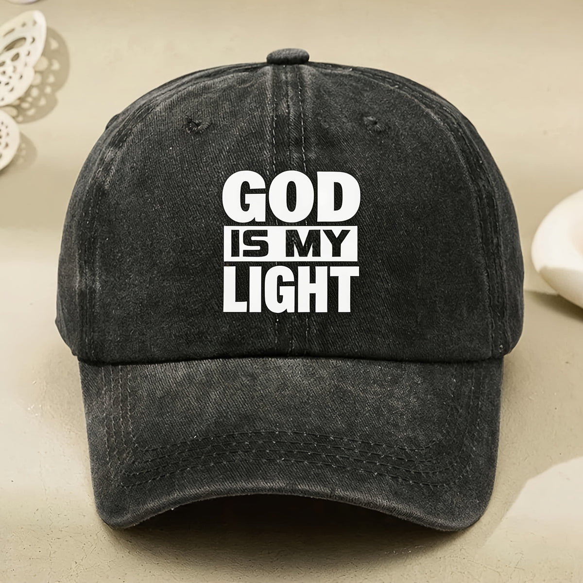 God Is My Light Vintage Baseball Cap for Men & Women - Adjustable Black Cap with Full Print Inspirational Verse, Machine Washable Religious Gift Suitable for Casual Streetwear, Church, Everyday Expression