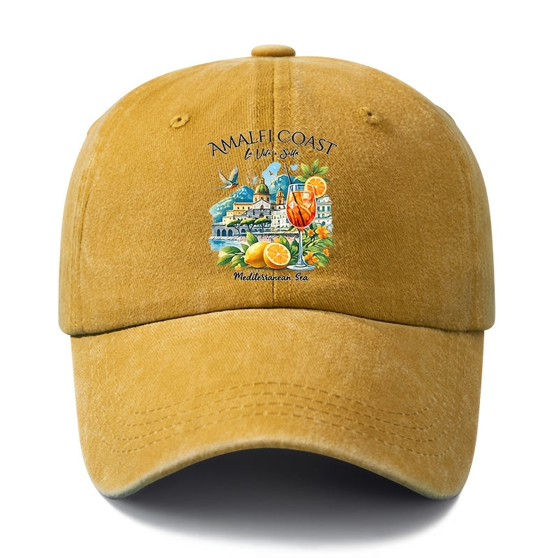 A Unisex Fashionable and Versatile Printed Baseball Cap Featuring the Italian Amalfi Coast. This Classic Vintage-washed Outdoor Lightweight Curved-brim Hat Is Also Known as a Trucker Cap. Suitable for Casual Occasions Such as Outdoor Vacations