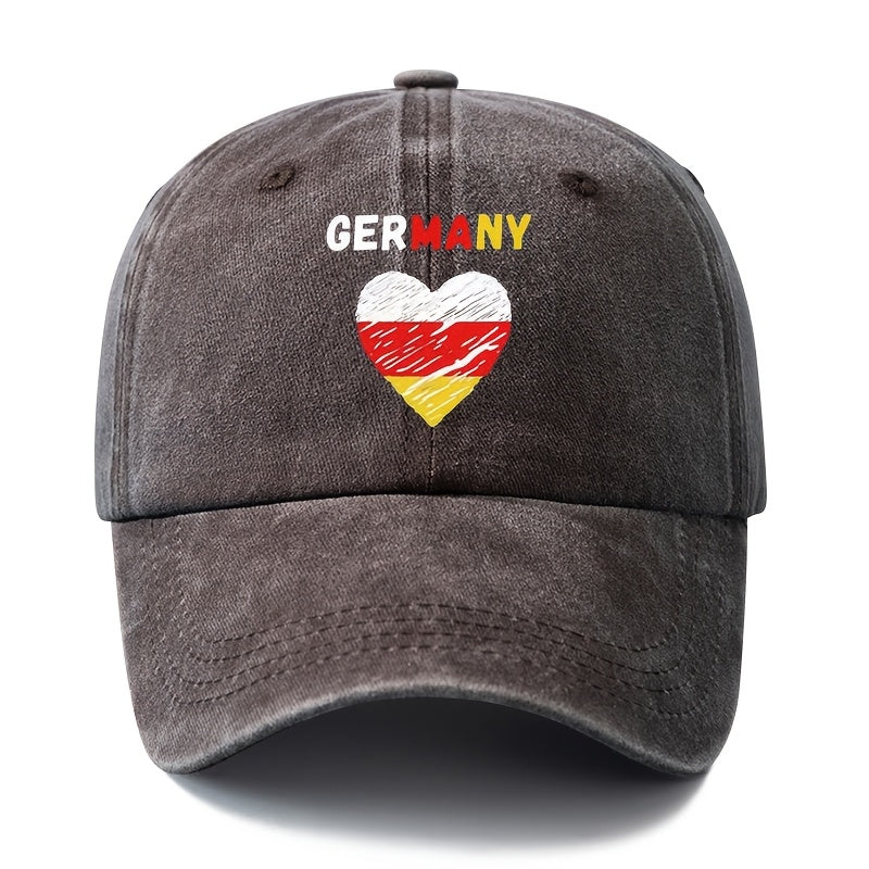 A Unisex Fashionable and Versatile Printed GERMANY Heart Baseball Cap, Featuring a Classic Vintage Washed Outdoor Lightweight Curved Brim. This Trucker Baseball Cap Is Suitable for Casual Occasions Such as Outdoor Vacations, Travel, and Camping