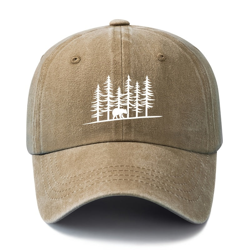 Unisex, Fashionable And Versatile Baseball Cap with Pine Forest And Grizzly Bear Print, Classic Retro Washed Outdoor Lightweight Curved Brim Cap, Suitable for Outdoor Vacations, Travel, Camping, And Other Casual Occasions, Hip-Hop Style Cap