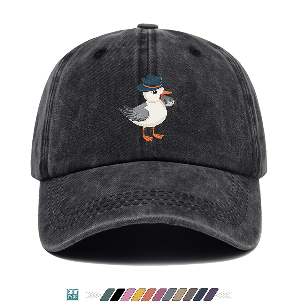 1pc Cartoon Seagull Wearing a Navy Hat with an Anchor Pattern, Holding a Fish in Its Mouth, with a Colorful Geometric Striped Background. Fun Animal Print Baseball Cap, Comfortable And Breathable Sun Hat, Stylish, Individual, And Beautiful