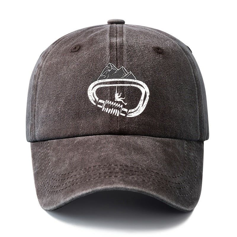 A Unisex Fashionable and Versatile Printed Rock Climbing Baseball Cap, Featuring a Classic Vintage Washed Outdoor Lightweight Curved Brim. Suitable for Casual Occasions Such as Outdoor Vacations, Travel, and Camping. Also Works as a Hip-hop Hat