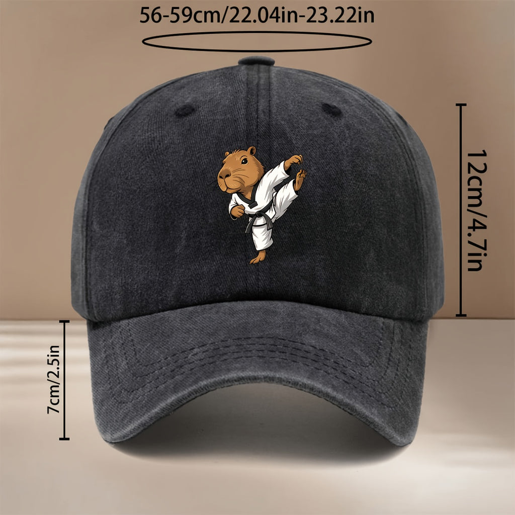This Is a Comfortable And Stylish Baseball Cap Featuring a Capybara Design Related to Taekwondo. It Has an Adjustable Size, Suitable for Both Men And Women, And Is Lightweight And Trendy. Perfect for Outdoor Activities, Gatherings, And Camping
