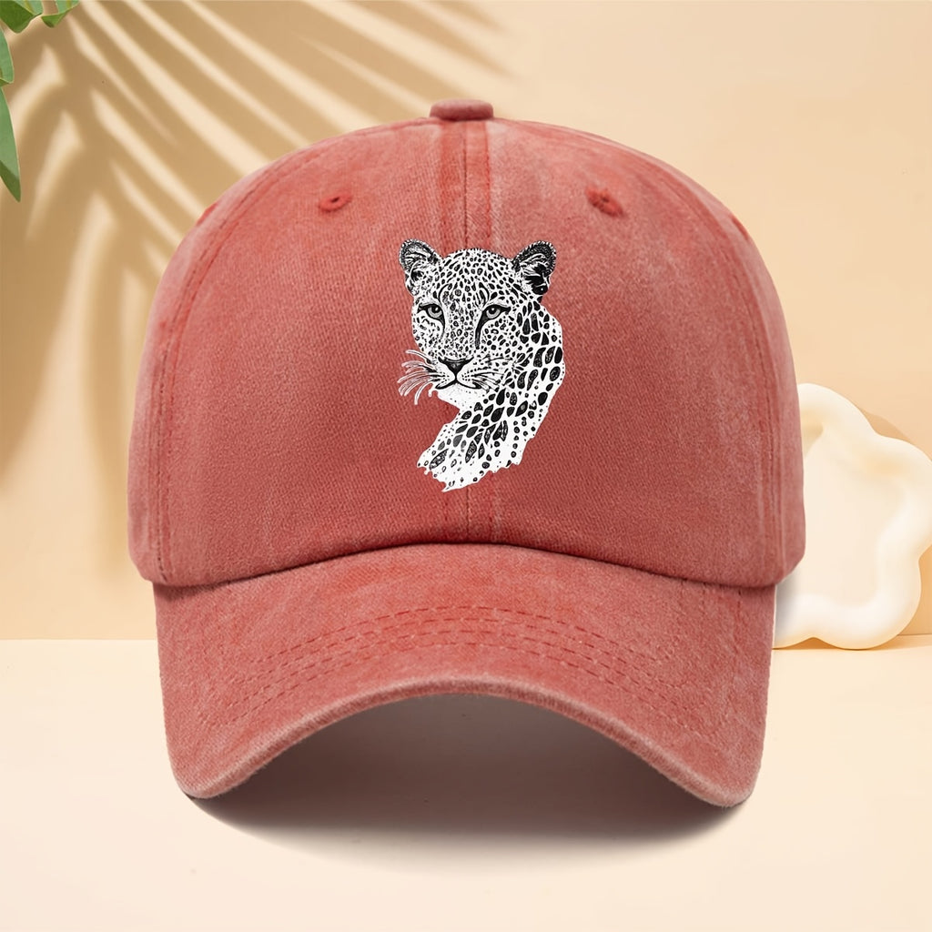 A Trendy Baseball Cap with a Black and White Leopard Head Illustration Print, Featuring a Soft Crown and Curved Brim. This Classic Snapback Hat Is an Adjustable Casual Cap Suitable for All Seasons. It's a Six-panel Trucker Hat, a Matching Couple's