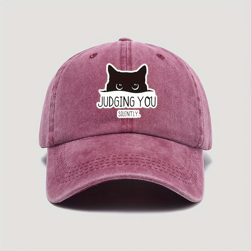 Vintage-Style Adjustable Baseball Cap Featuring a Cat Design with The Words "Silently Judging You"
