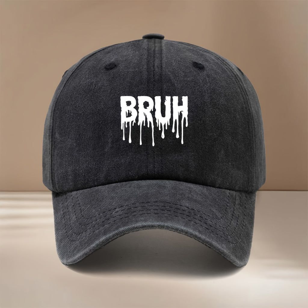 White "BRUH" Text Graphic Baseball Cap with Adjustable Size, Textured Hip-hop Style, Unisex Snapback Hat for Friends' Gatherings and Camping. Comfortable and Lightweight with a Curved Brim, This , Cool Six-panel Cap Features a Relaxed and Casual Fit.