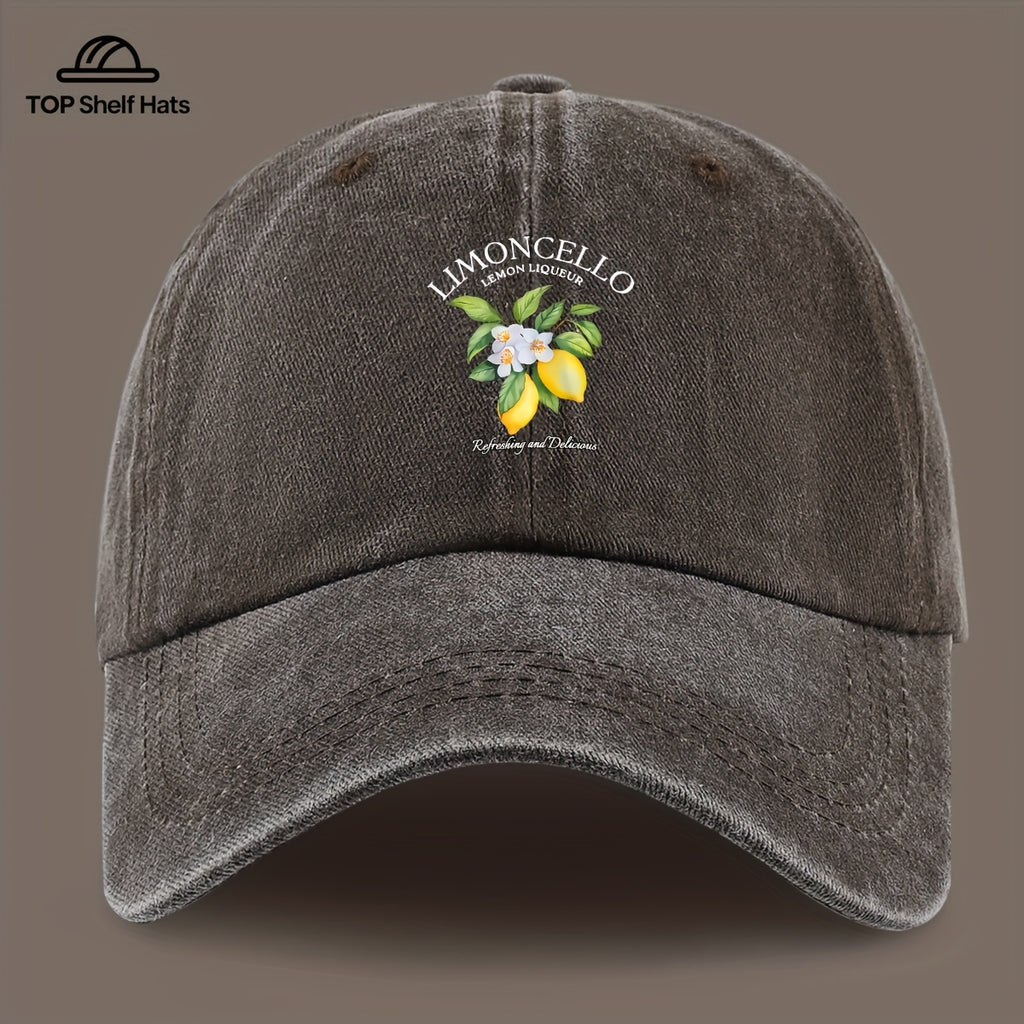 70G Lightweight And Breathable 1pc "Limon Cello" English Print Baseball Cap with Refreshing Lemon Pattern Print, Breathable And Comfortable, Stylish And Beautiful, Black Papa Dad Hat, Adjustable Size, Unisex, Retro Trucker Hat