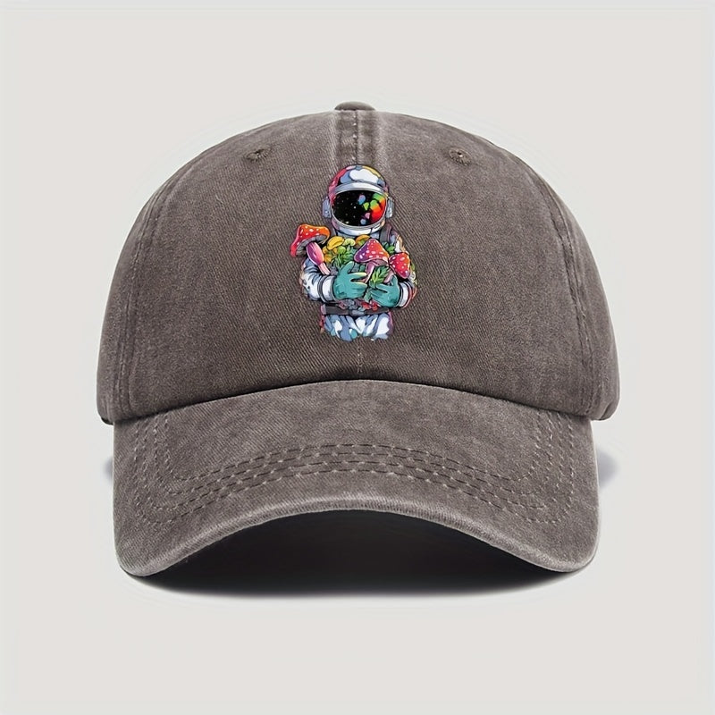 Vintage-style Astronaut Holding Various Mushroom Prints, Washed Baseball Cap, Fun Adjustable Hat
