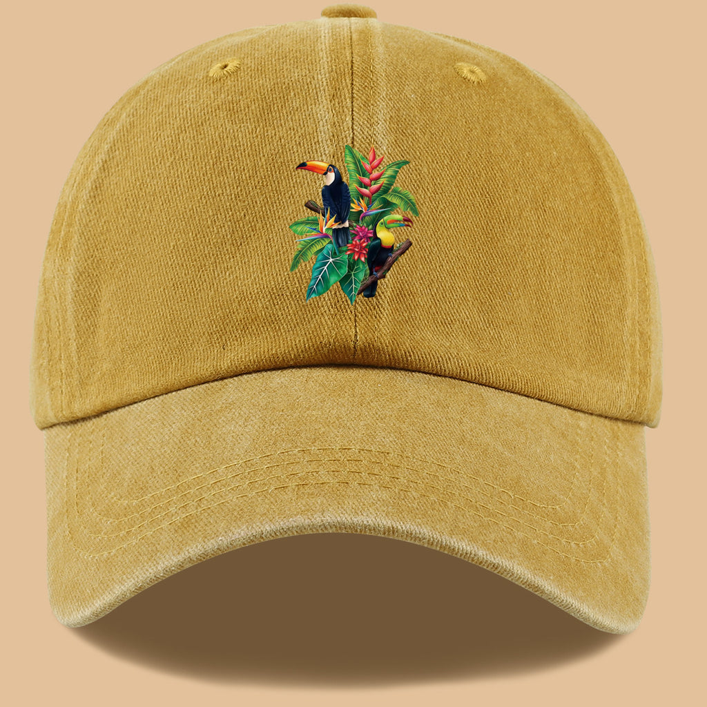 1pc Tropical Rainforest Theme Toucan Print Baseball Cap, Tropical Plant Floral Pattern Sun Hat, Fashionable And Individual Aesthetic Unisex Baseball Cap, Adjustable Size Outdoor Casual Sun Hat, Suitable for Vacation, Travel, Camping, Picnic