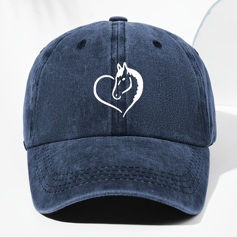 Unisex Heart Horse Head Print Washed Vintage Baseball Cap Fashion Men Women Sun Hat Adjustable Size Trucker Cap Suitable for All Seasons Daily Wear
