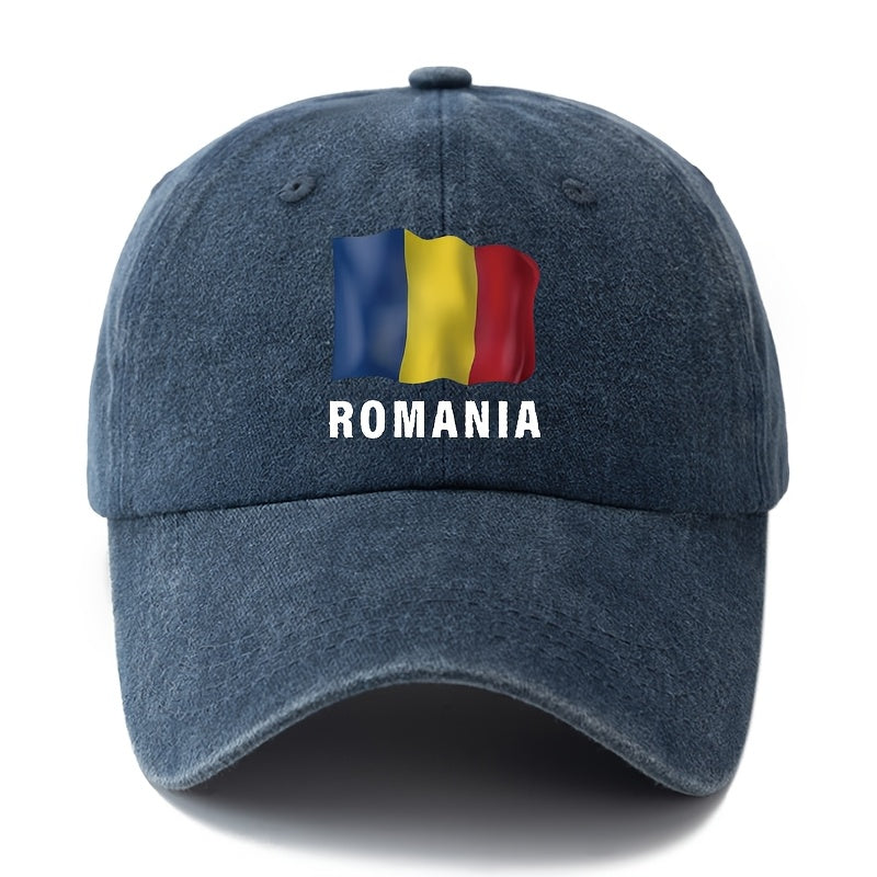 Unisex Fashion All-Match Printed ROMANIA Baseball Cap, Classic Vintage Washed Outdoor Lightweight Curved Brim Hat, Trucker Cap, Suitable for Outdoor Vacation Travel Camping And Casual Occasions, Holiday Party Hip-Hop Hat