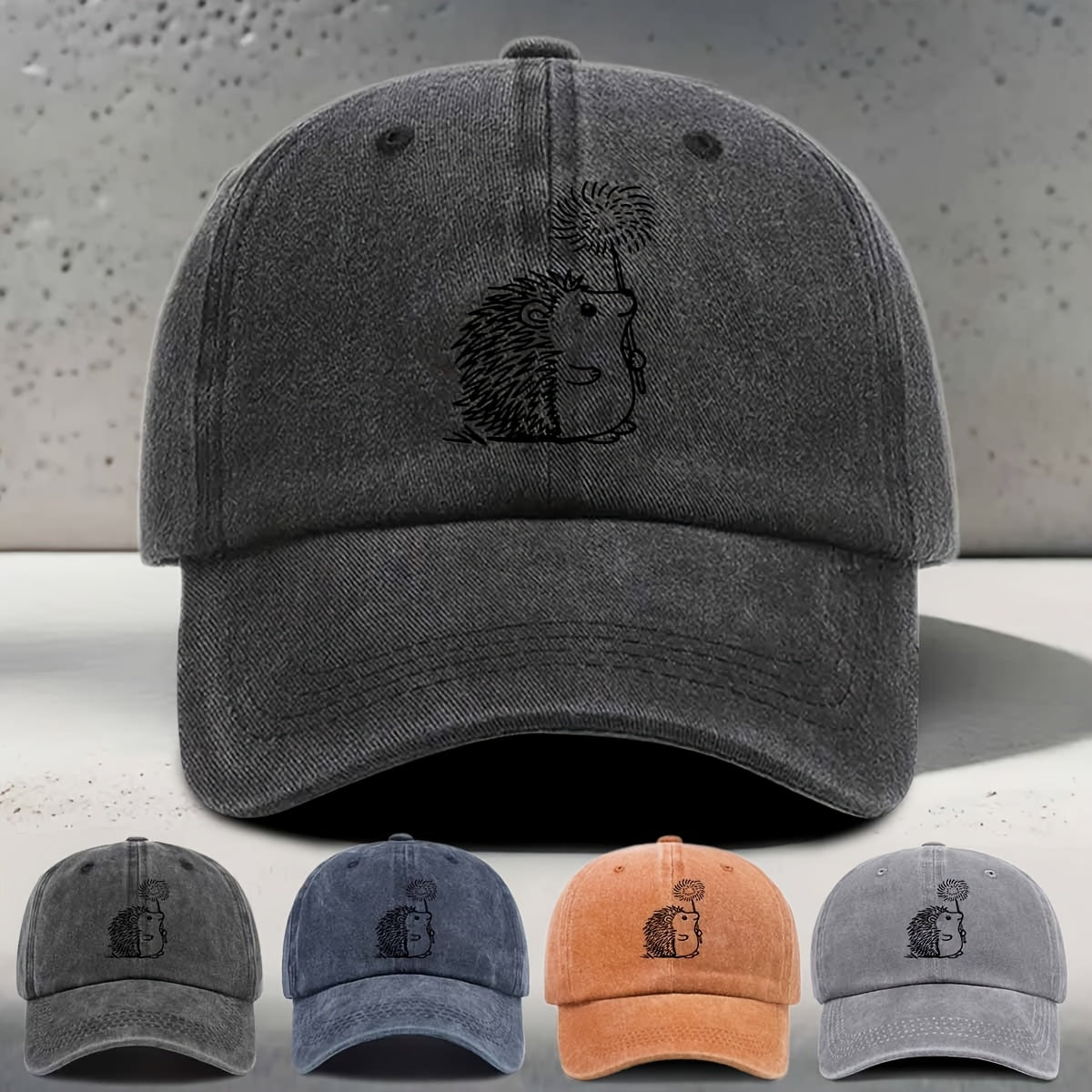 Men's & Women's Hedgehog Print Baseball Cap - Adjustable Washed Curved Brim Hat Suitable for Outdoor Sports, Travel, Casual Wear - Unisex Hip-Hop Cap with Hedgehog, for Daily Use and Vacation Activities