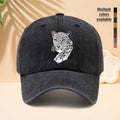 A Trendy Baseball Cap with a Black and White Leopard Head Illustration Print, Featuring a Soft Crown and Curved Brim. This Classic Snapback Hat Is an Adjustable Casual Cap Suitable for All Seasons. It's a Six-panel Trucker Hat, a Matching Couple's