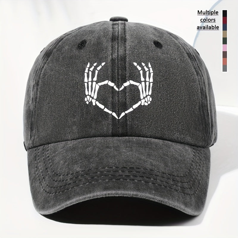 Men' & Women' Vintage Washed Baseball Cap with Heart & Skull Print - Adjustable Trucker Hat Suitable for All Seasons, Outdoor, Casual Wear, Retro Washed Style, Unisex for Daily Use, Driving,, and Everyday Fashion