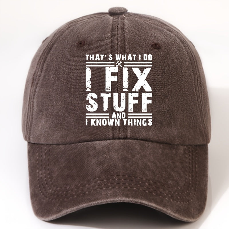 EOXF Vintage Washed Baseball Cap- Black with the Text "I Fix Stuff, " Adjustable Strap, Breathable Six-panel Design, Suitable for Mechanics, DIY Enthusiasts, and Everyday Casual Wear- Unisex Headwear, Vintage Style, Adjustable Size