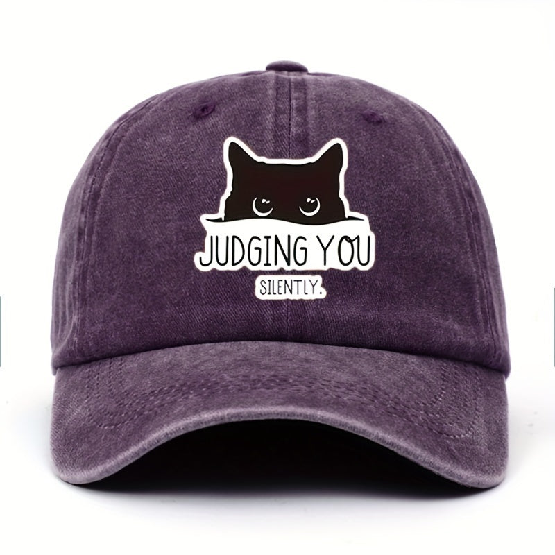 Vintage-Style Adjustable Baseball Cap Featuring a Cat Design with The Words "Silently Judging You"