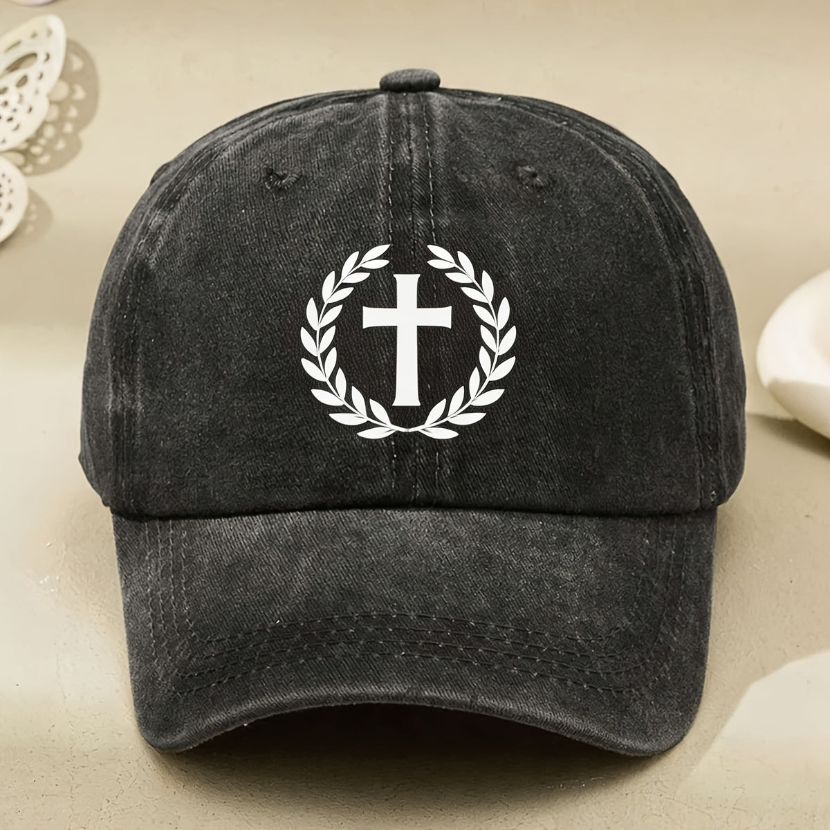 Vintage Christian Cross Laurel Baseball Cap Suitable for & - Faith-Themed Unisex Hat with Cross & Laurel Wreath, Machine Washable, Adjustable Pull String Closure for Church, Religious Events, Casual Wear