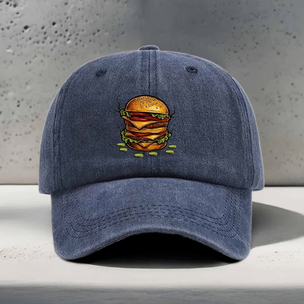 Men's & Women's Baseball Cap with Burger Print - Adjustable Snapback Curved Brim Hat, Washed Suitable for Daily Outings, Casual Wear,, Hip-Hop Style - Unisex Washed Cap for All Head Sizes, Comfortable for Hamburger