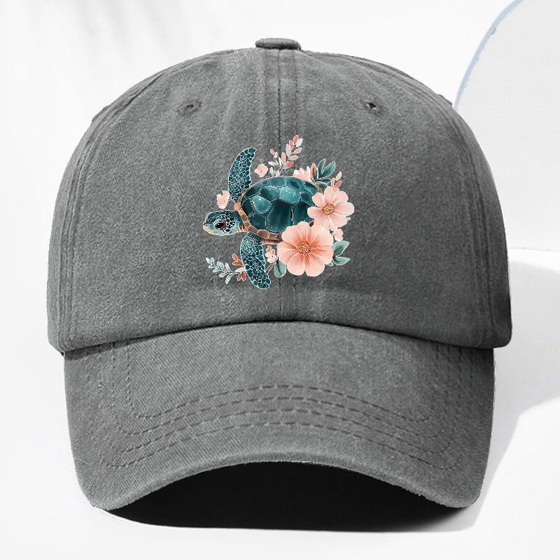 Unisex Floral Turtle Animal Print Washed Vintage Baseball Cap Fashion Men Women Sun Hat Adjustable Size Trucker Cap Suitable for All Seasons Daily Wear