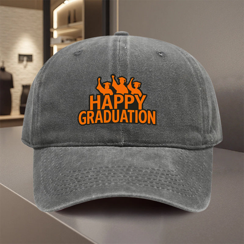 A Versatile Baseball Cap Featuring a 'Happy Graduation' Design, Made from Lightweight Polyester with Printed Craftsmanship. It'S Perfect for Outdoor Sports And Camping Enthusiasts, Trendy for Couples, Suitable As a Golf Cap, Trucker Hat