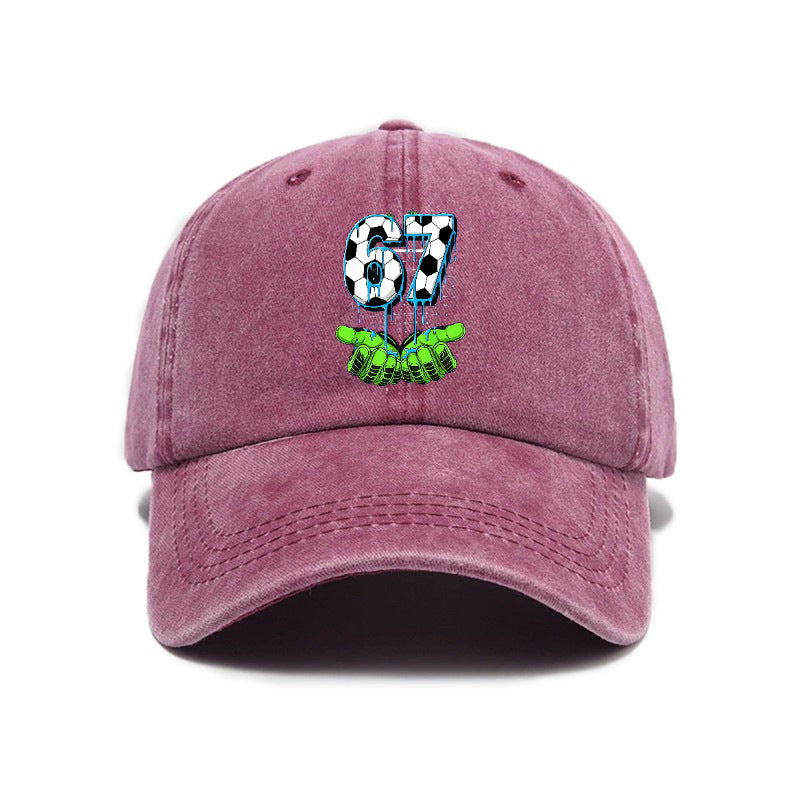 Fashionable Versatile Style 67 Number Print Washed Distressed Soft Top Sunshade Soft Top Baseball Cap Unisex Hat