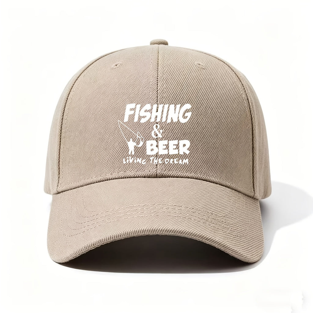 A Baseball Cap with "Fishing And Beer, Live The Dream" Print And Fishing Rod Design, Adjustable And Lightweight for Angler Lifestyle. Hobby-Themed Gift for Fishermen, Hand-Washable Outdoor Accessory