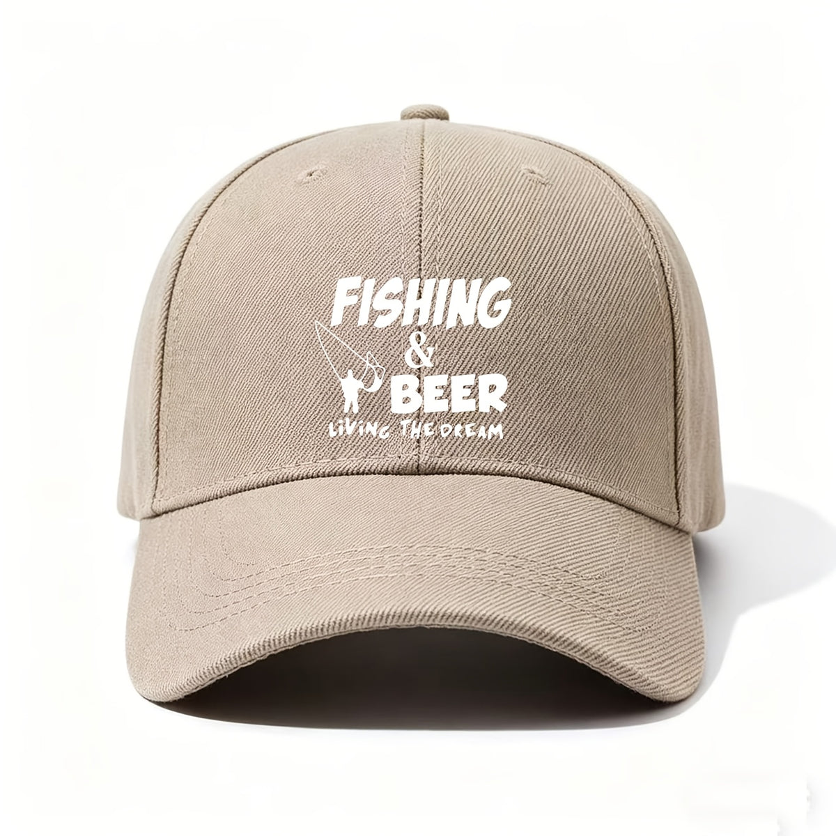 A Baseball Cap with "Fishing And Beer, Live The Dream" Print And Fishing Rod Design, Adjustable And Lightweight for Angler Lifestyle. Hobby-Themed Gift for Fishermen, Hand-Washable Outdoor Accessory